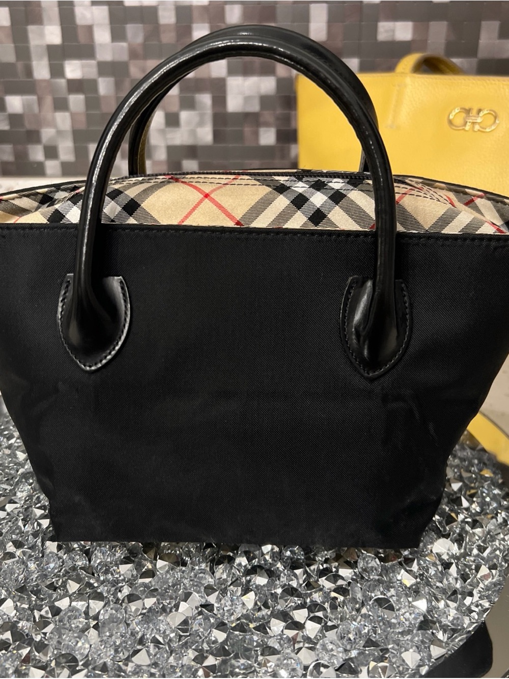 Burberry Black Tote with Signature Beige Check Trim